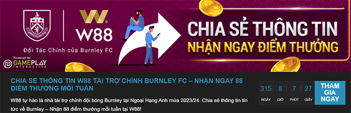 Nhận 88 điểm thưởng khi chia sẻ tin W88 tài trợ Burnley FC